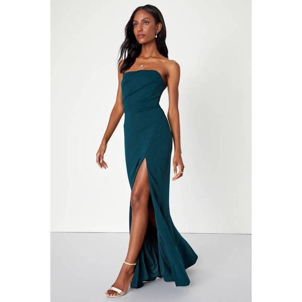 Lulus Marvelous Entrance Emerald Green Pleated Strapless Maxi Dress - Size S